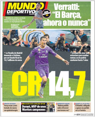 Fuga de CR7 ao fisco ironizada em capas de jornais