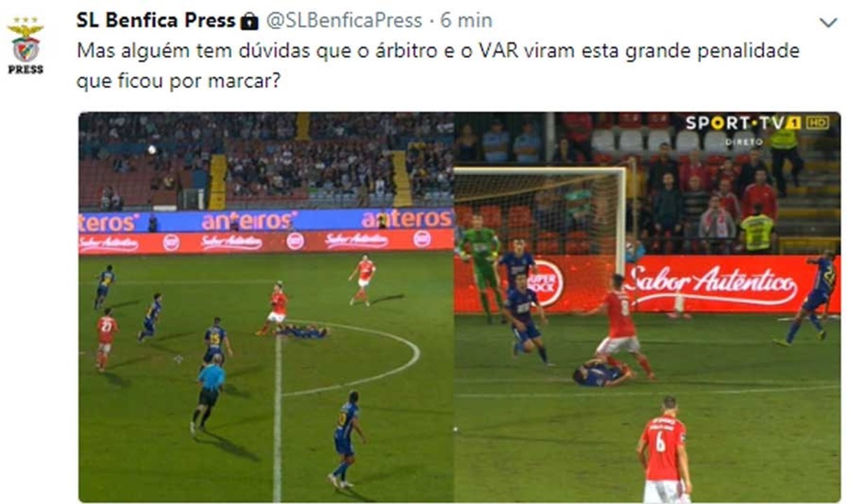 Benfica: «Alguém tem dúvidas que o árbitro e o VAR viram este penálti que ficou por marcar?»