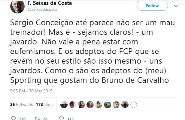 Diplomata e antigo secretário de Estado chama Sérgio Conceição de “javardo” no Twitter