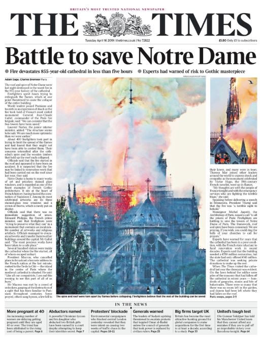 Tragédia na Notre-Dame é capa dos principais jornais em todo o mundo