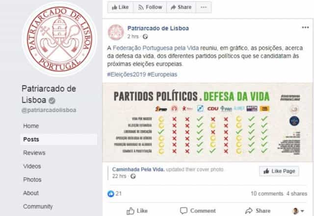 Apelo ao voto em partidos pró-vida no Facebook do patriarcado eliminado duas horas depois